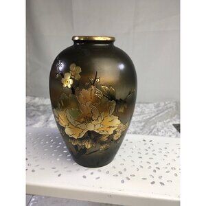 Antique Japanese Bronze Vase With Floral Design‎ & Gold Detailing
